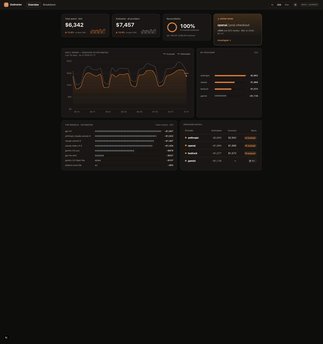 Owlmeter dashboard: spend trend, spike detection, and a provider/model/region breakdown